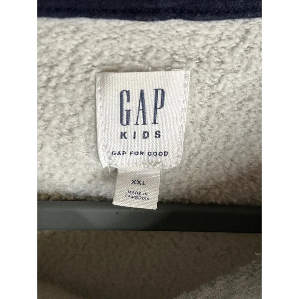 Gap‎ Kids XXL Gray Heather Logo Pullover Hoodie Sweatshirt Navy Blue Applique